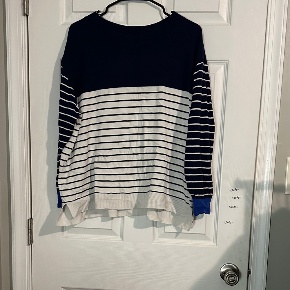 Lands' End Navy and White Striped Crew Neck Sweater